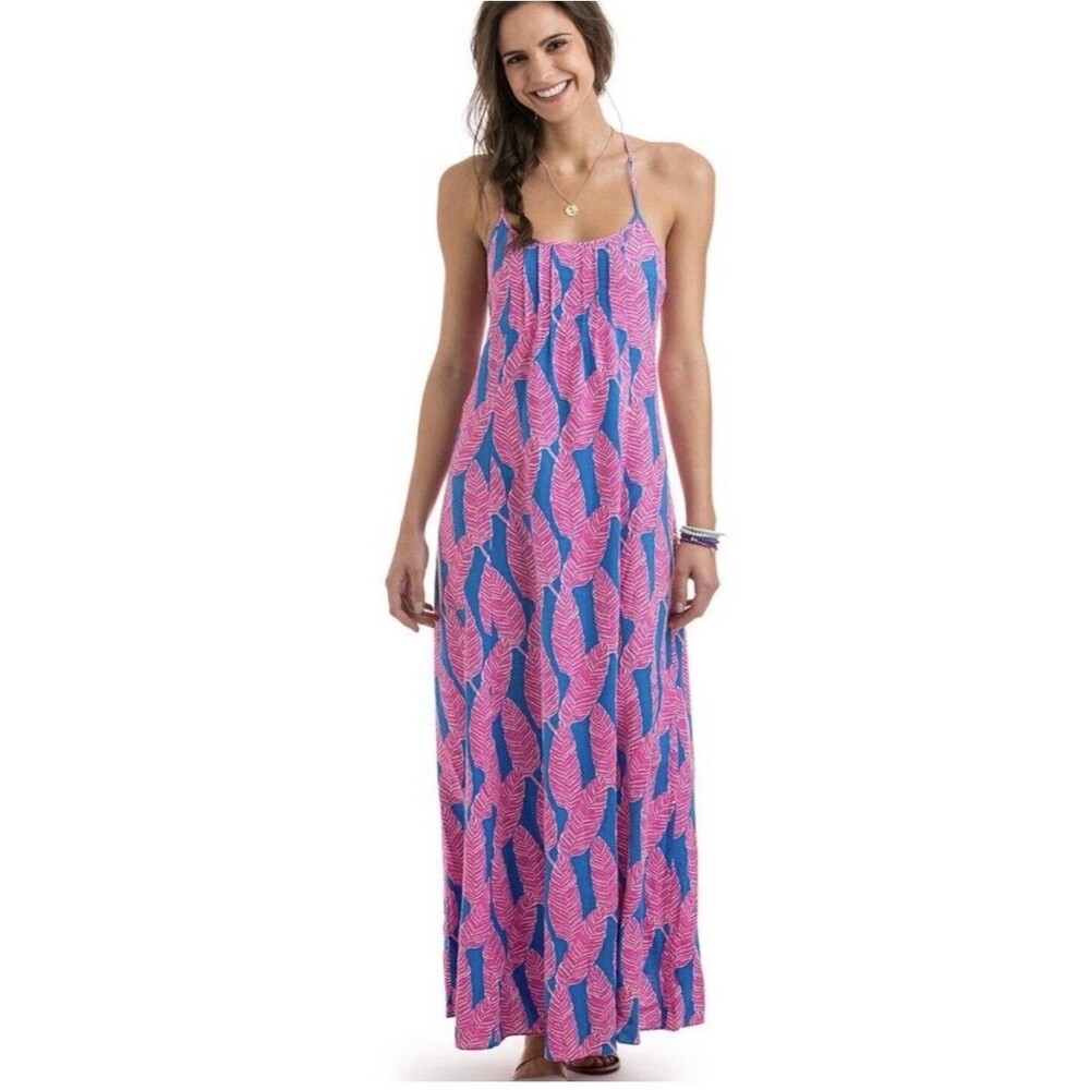 Vineyard Vines Pink & Blue Leaf-Print Maxi Dress